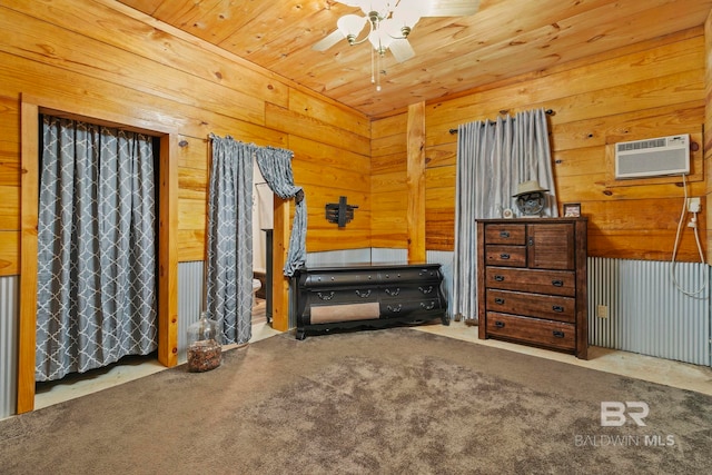 unfurnished bedroom featuring ceiling fan, wooden ceiling, a wall mounted AC, wooden walls, and carpet