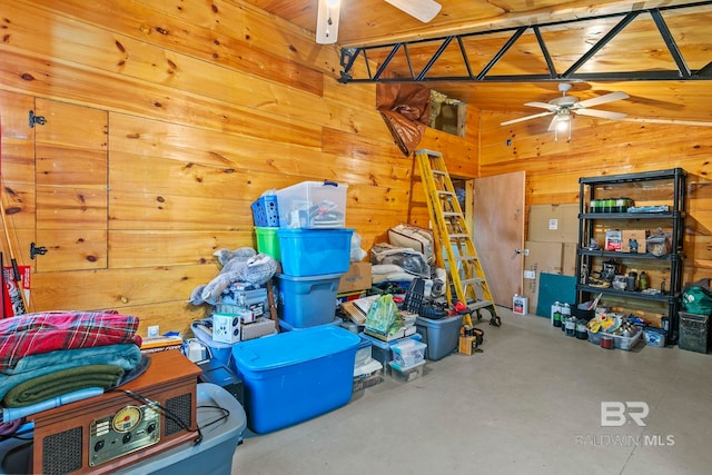 storage area featuring ceiling fan