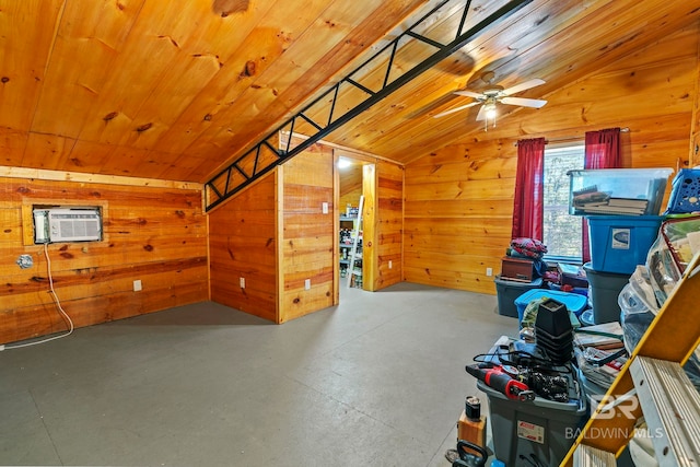 bonus room featuring an AC wall unit, wood walls, wooden ceiling, and vaulted ceiling