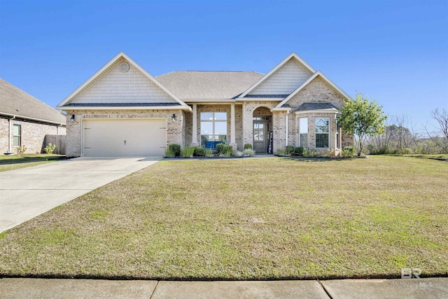 craftsman-style home featuring a garage and a front lawn