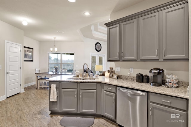 kitchen with kitchen peninsula, stainless steel dishwasher, gray cabinetry, and sink