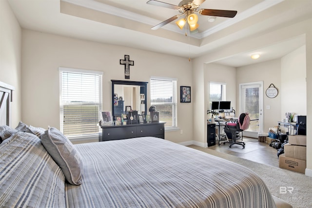 bedroom with a raised ceiling, multiple windows, and ceiling fan