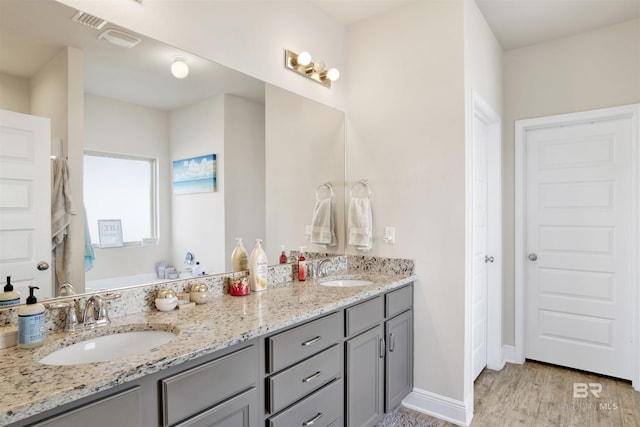 bathroom with vanity and wood-type flooring