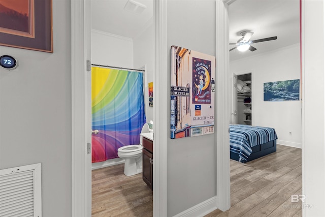 corridor featuring light hardwood / wood-style floors and crown molding