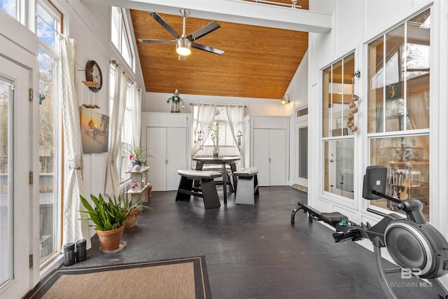 sunroom featuring lofted ceiling, ceiling fan, a wealth of natural light, and wood ceiling