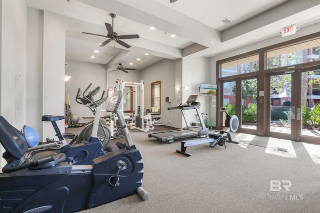 workout area featuring recessed lighting, visible vents, a healthy amount of sunlight, and french doors