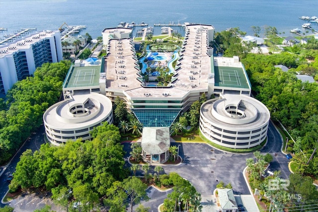 birds eye view of property featuring a water view