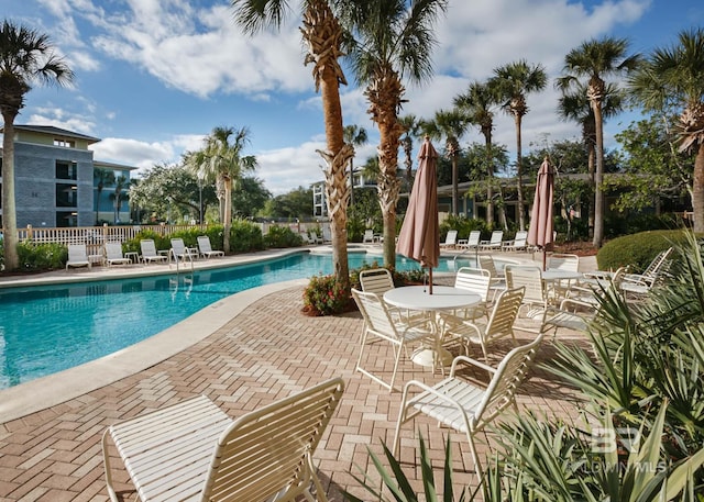 view of swimming pool with a patio