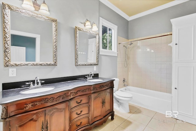 full bathroom with double vanity, tile patterned floors, ornamental molding, and a sink