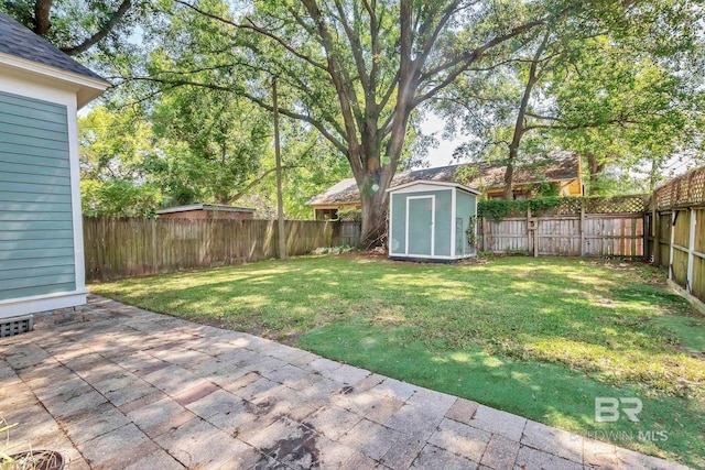 view of yard with a storage shed, an outdoor structure, a fenced backyard, and a patio area