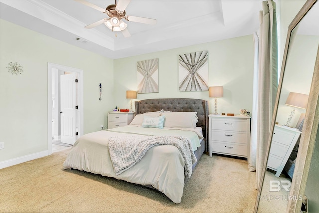 30635 Drayton Ct, Spanish Fort, AL 36527 - bedroom with light colored carpet, a tray ceiling, baseboards, and a ceiling fan