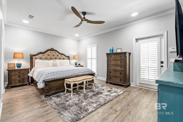bedroom with crown molding, recessed lighting, visible vents, and light wood-type flooring