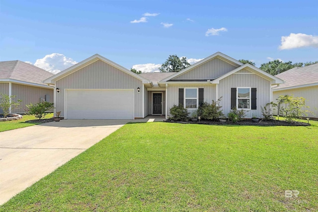 single story home with a garage and a front lawn