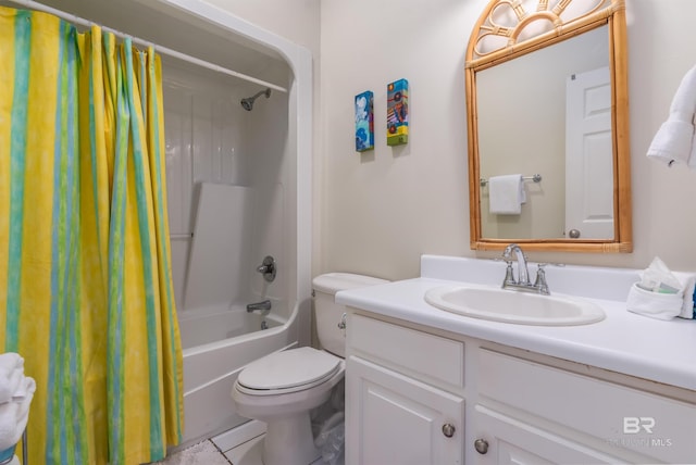 full bathroom featuring toilet, shower / bath combo with shower curtain, vanity, and tile patterned floors