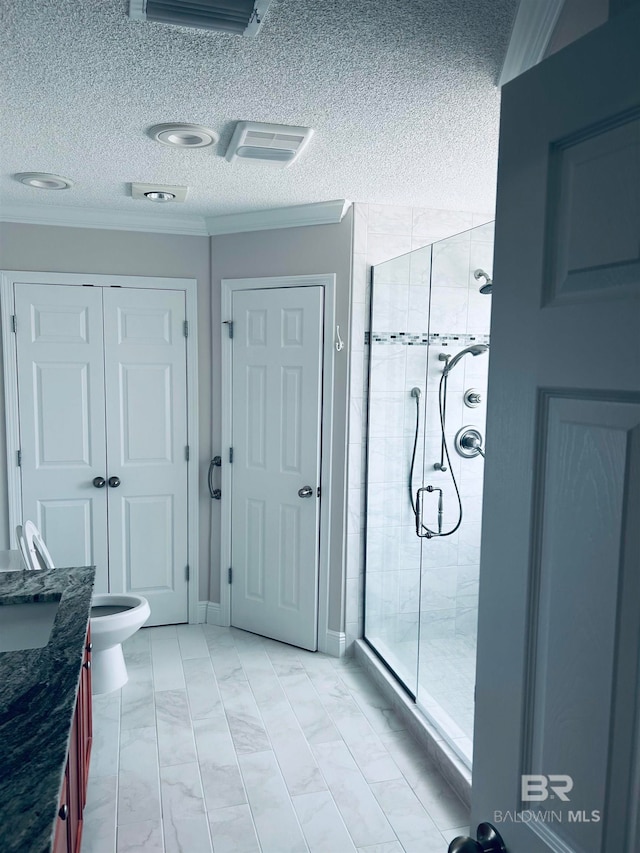 bathroom with crown molding, an enclosed shower, toilet, a textured ceiling, and vanity