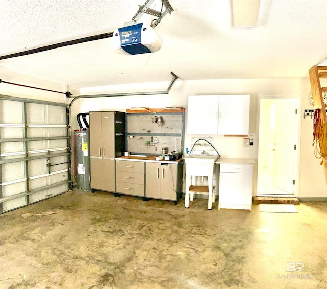 garage featuring a garage door opener and water heater