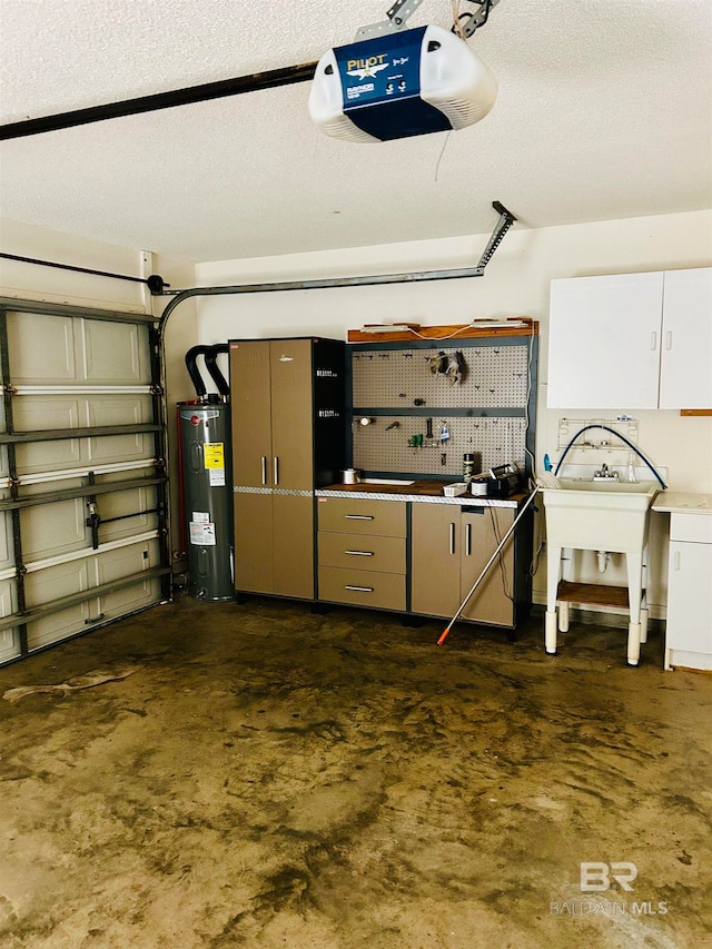 garage featuring a garage door opener and water heater