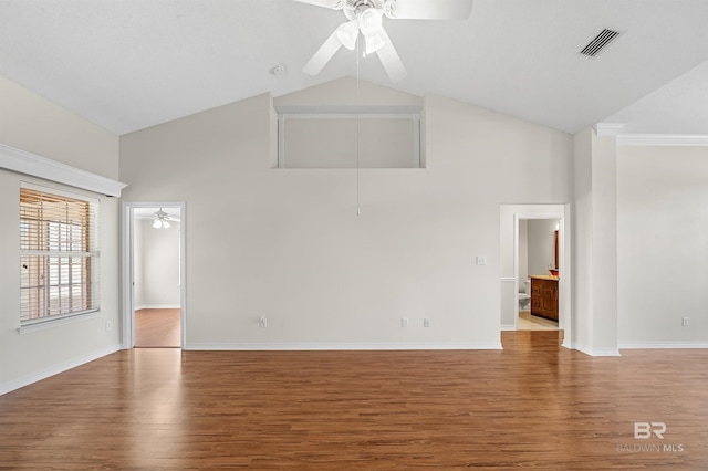 unfurnished living room with ceiling fan, light hardwood / wood-style flooring, and vaulted ceiling