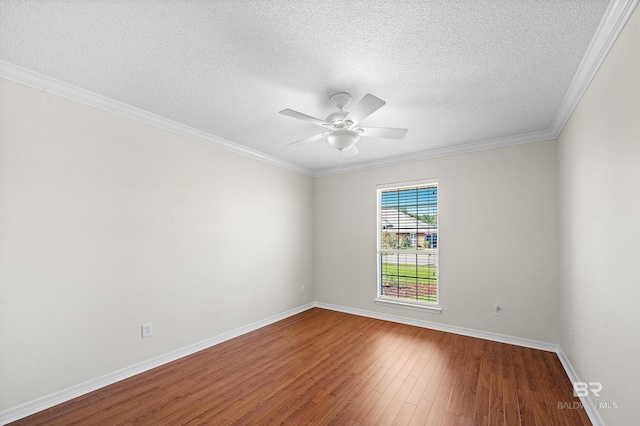 unfurnished room with ceiling fan, hardwood / wood-style floors, a textured ceiling, and crown molding