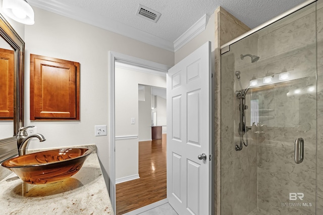 421 Collinwood Loop, Foley, AL 36535 - full bathroom featuring crown molding, a sink, a textured ceiling, a marble finish shower, and visible vents