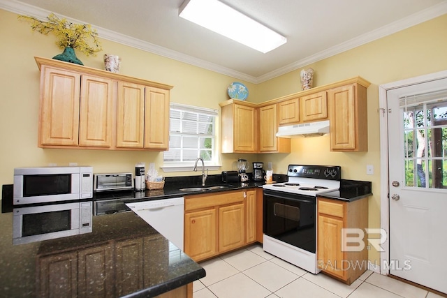 kitchen with ornamental molding, light brown cabinets, a sink, white appliances, and under cabinet range hood