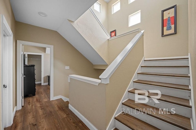 stairs featuring dark hardwood / wood-style flooring
