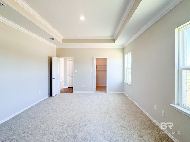 unfurnished bedroom with a raised ceiling, visible vents, a spacious closet, carpet floors, and ornamental molding