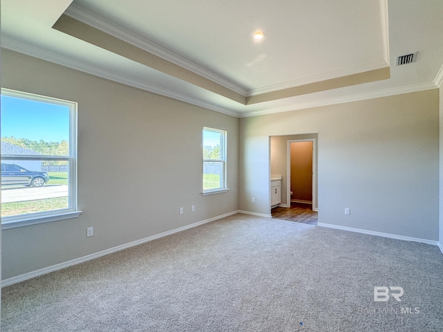carpeted empty room featuring a raised ceiling, visible vents, and ornamental molding