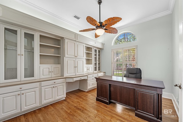 8160 Bay View Dr, Foley, AL 36535 - office space featuring a ceiling fan, ornamental molding, and light wood-style flooring