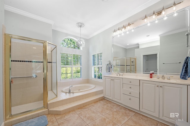 8160 Bay View Dr, Foley, AL 36535 - full bath with a stall shower, a garden tub, tile patterned flooring, crown molding, and double vanity