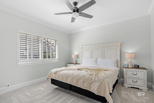 8160 Bay View Dr, Foley, AL 36535 - bedroom featuring light colored carpet, ornamental molding, baseboards, and ceiling fan