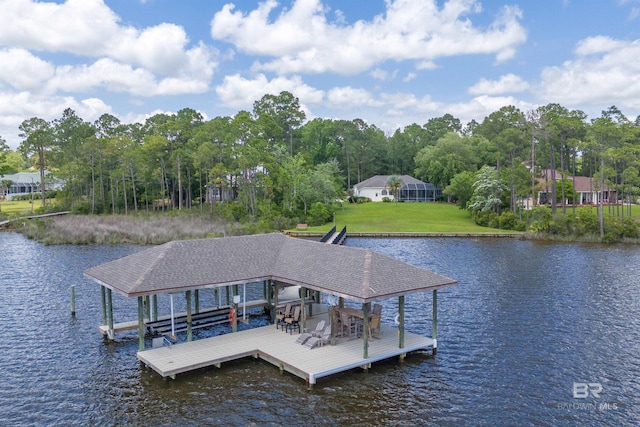 8160 Bay View Dr, Foley, AL 36535 - dock area with boat lift, a water view, and view of wooded area