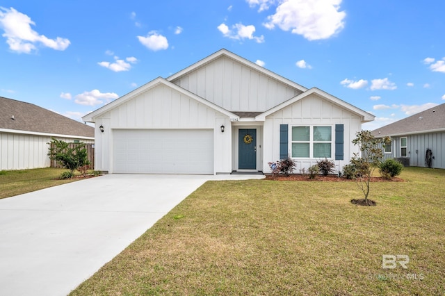 view of front of house featuring a garage, concrete driveway, board and batten siding, and a front lawn