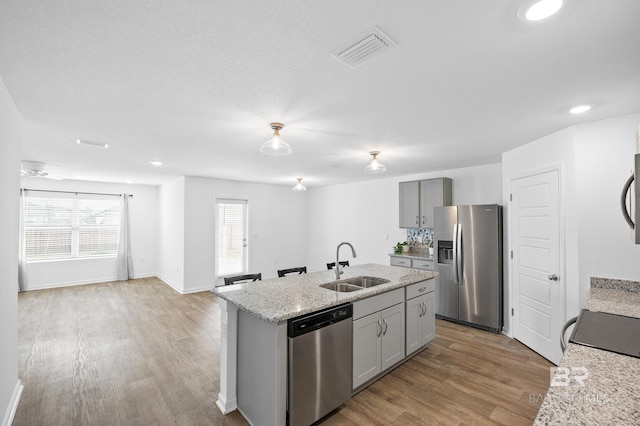 kitchen featuring stainless steel appliances, visible vents, gray cabinetry, a kitchen island with sink, and a sink