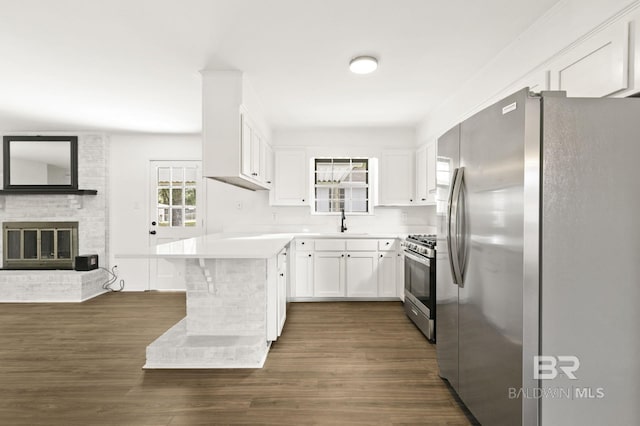 kitchen featuring stainless steel appliances, sink, white cabinets, a fireplace, and dark hardwood / wood-style floors