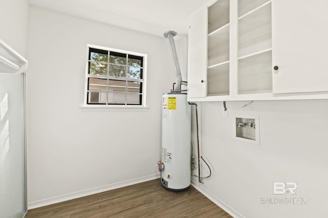 laundry room with dark hardwood / wood-style floors, hookup for a washing machine, and gas water heater