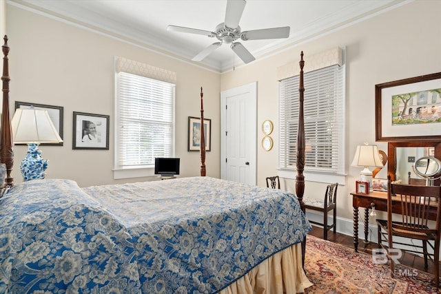 212 S Cedar St, Mobile, AL 36602 - bedroom with crown molding, wood finished floors, baseboards, and ceiling fan