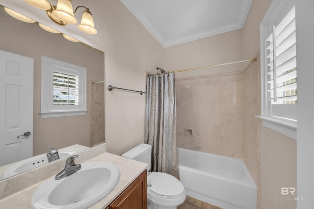 full bathroom with ornamental molding, vanity, shower / bath combo with shower curtain, tile patterned flooring, and toilet