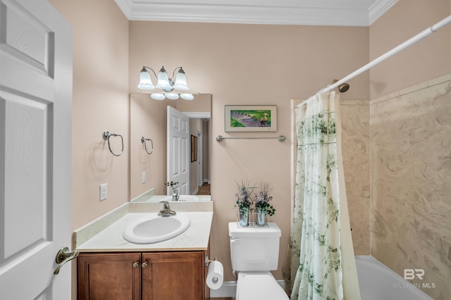 full bathroom featuring vanity, toilet, shower / bathtub combination with curtain, and ornamental molding