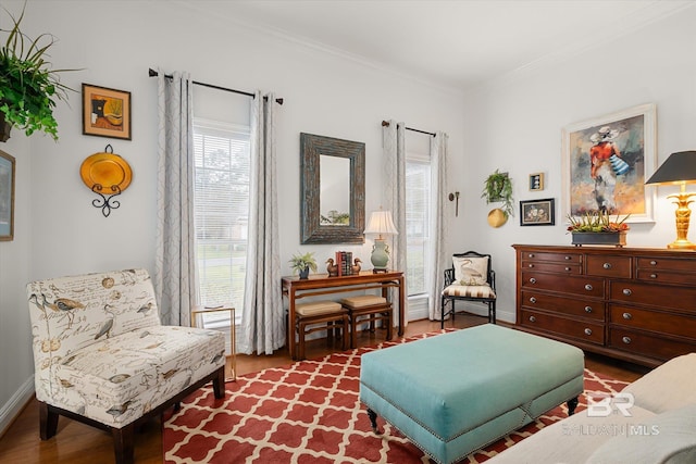 sitting room featuring crown molding, a healthy amount of sunlight, and wood-type flooring