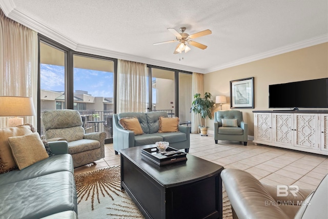 tiled living room with crown molding, ceiling fan, and a textured ceiling