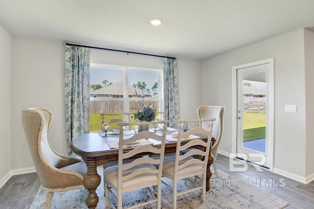 dining space featuring baseboards and wood finished floors