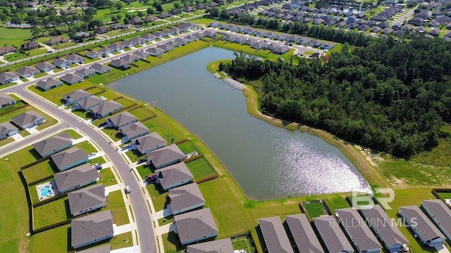 bird's eye view featuring a water view and a residential view