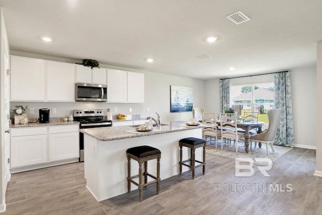 kitchen featuring white cabinetry, visible vents, light wood-style floors, and stainless steel appliances