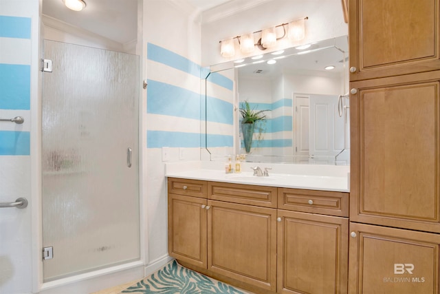 bathroom with a shower with door, vanity, and vaulted ceiling