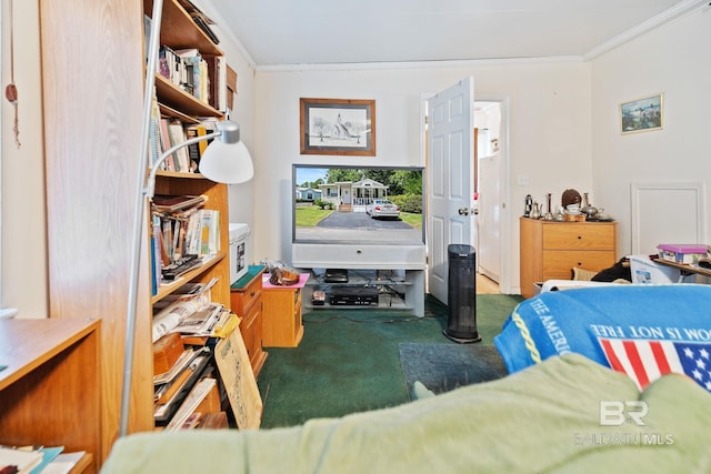 bedroom featuring carpet flooring and ornamental molding