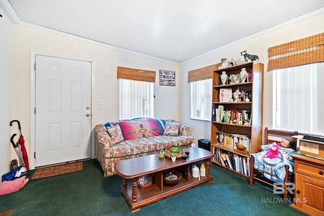 carpeted living room featuring crown molding