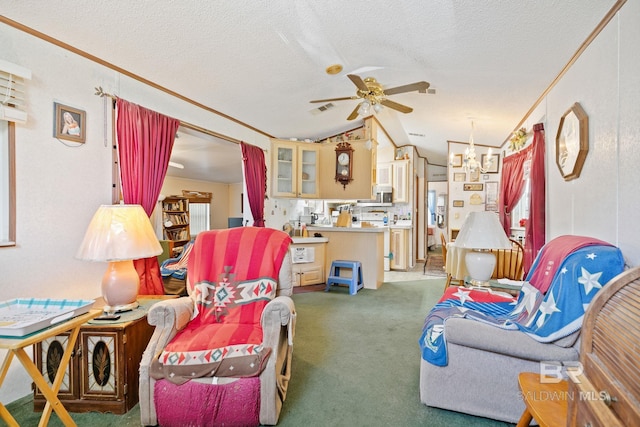 carpeted living room with lofted ceiling, a textured ceiling, and ceiling fan