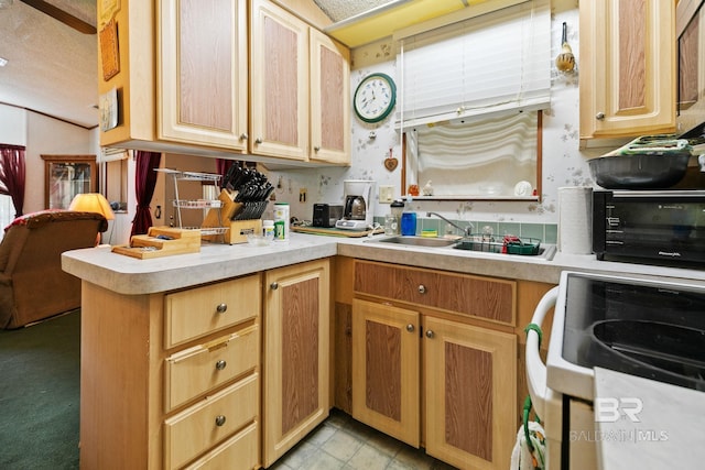 kitchen with range, light carpet, sink, and kitchen peninsula