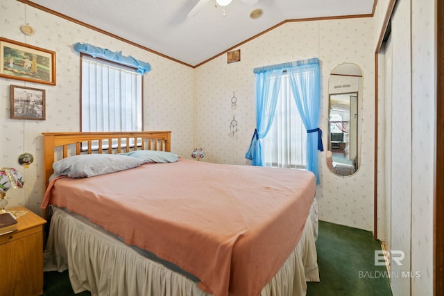 bedroom featuring multiple windows, a textured ceiling, ceiling fan, and vaulted ceiling